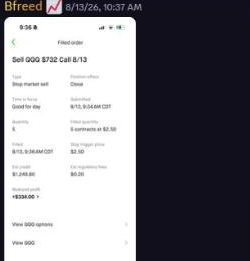 Member Bfreed's filled QQQ call order showing a realized profit of $338.46