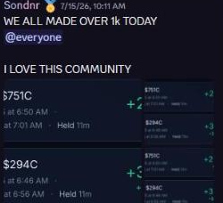 Community chat celebrating that every member made over $1,000 in a day