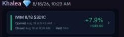 Member Khalea's IWM trade result showing a profit of $93.90