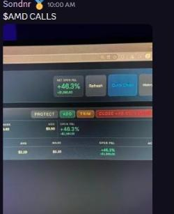 Sondnr's AMD position showing an open gain of 46.3% and $1,395.00
