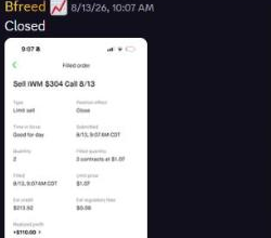 Member Bfreed's filled sell order showing a realized profit of $110.00