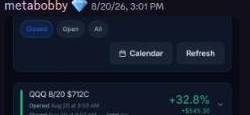 Member metabobby's QQQ call trade showing a gain of 32.8%
