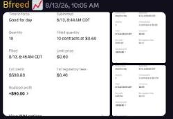 Member Bfreed's filled sell orders showing a realized profit of $90.00