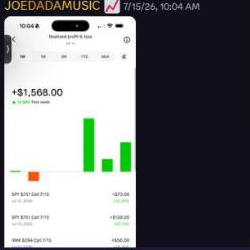Member JOEDADAMUSIC's realized profit showing $1,568.00, up 71% for the week