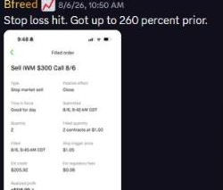 Member Bfreed's IWM close on a stop loss showing a realized profit of $116.00, with a note that the trade reached 260 percent first