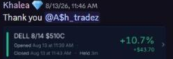 Member Khalea's DEAL call trade showing a gain of 10.7%