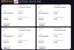 Member Bfreed's filled option orders on 8/7 showing realized profits of $125.00, $175.00, $525.00 and $142.00
